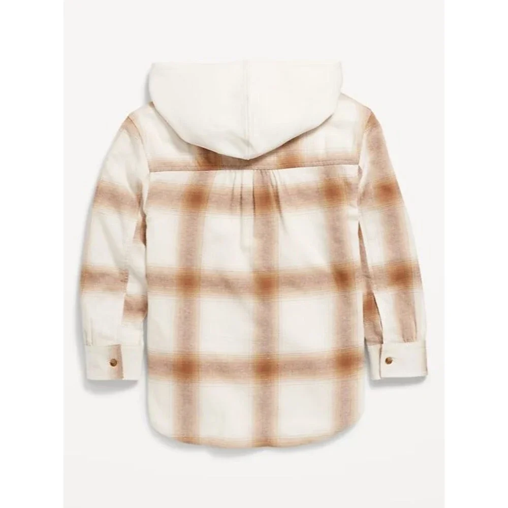 Old Navy Girls XL Hooded Flannel Shirt Cream Tan Plaid Button Front Long Sleeve
